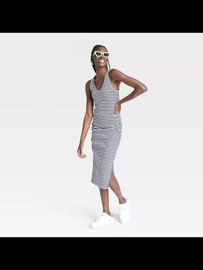 A New Day Striped Tank Midi Dress - Navy/White-L